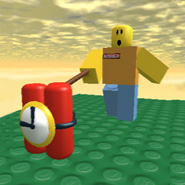 A ROBLOX Character is touching a bomb. He has no idea what is going to happen to him.